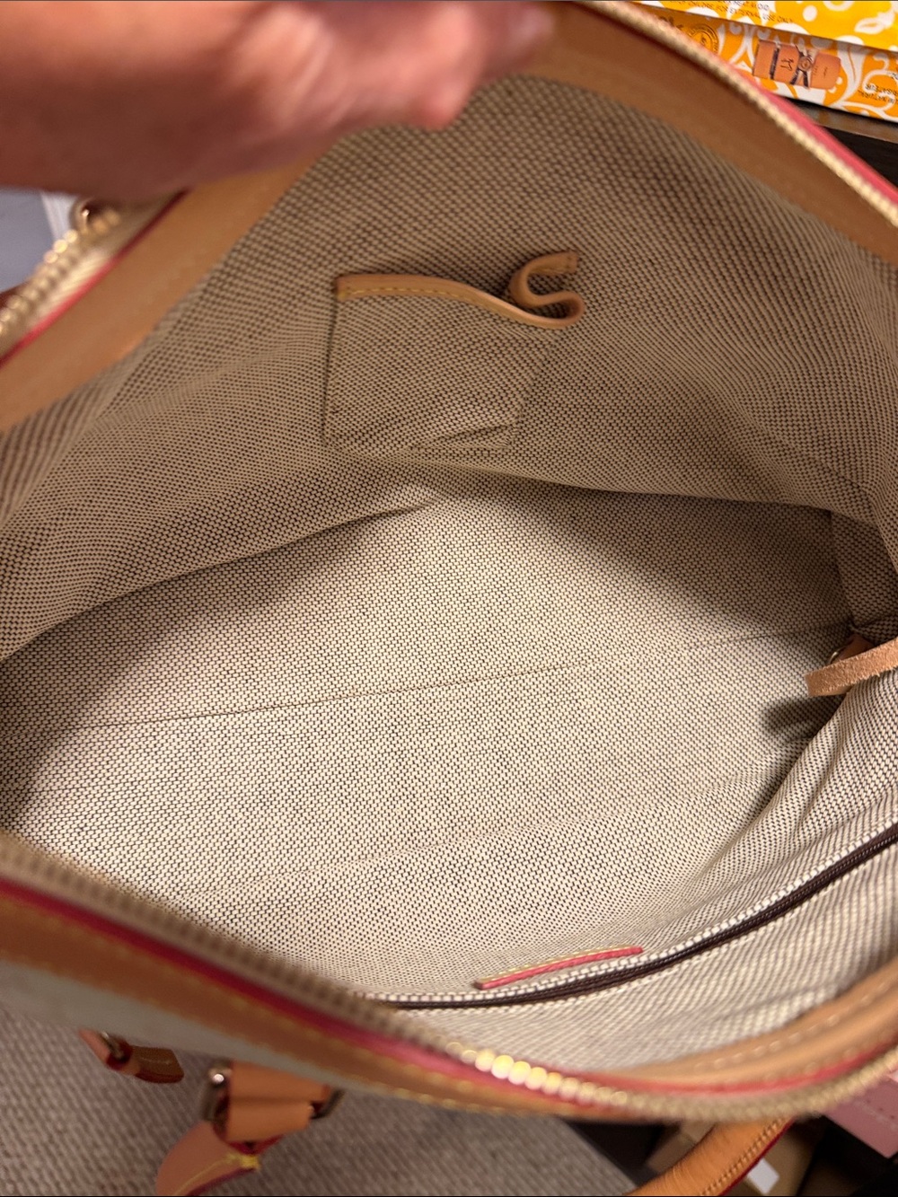 Dooney & Bourke Cream Canvas Satchel with Tan Leather Trim and Gold Hardware - Picture 3 of 4
